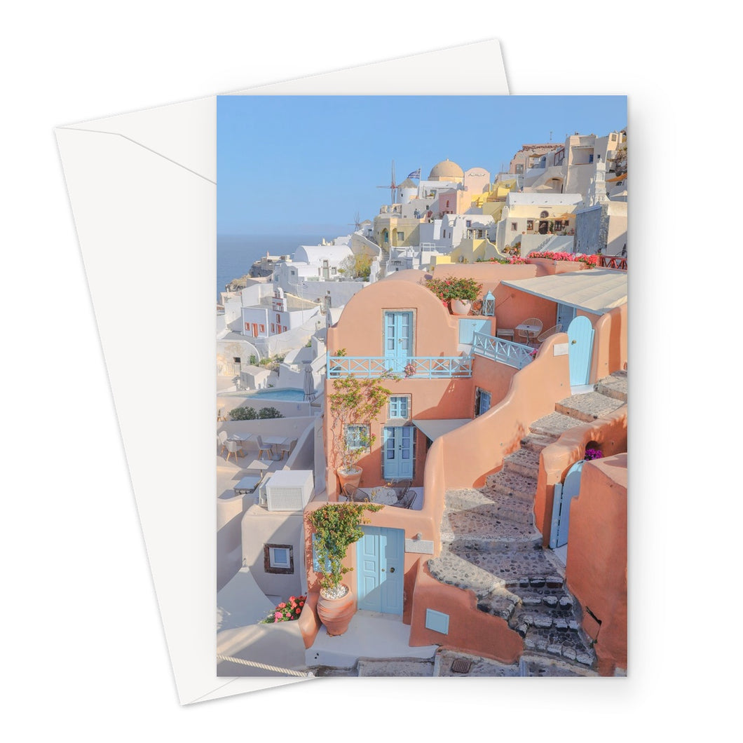 Pink House Oia Greeting Card